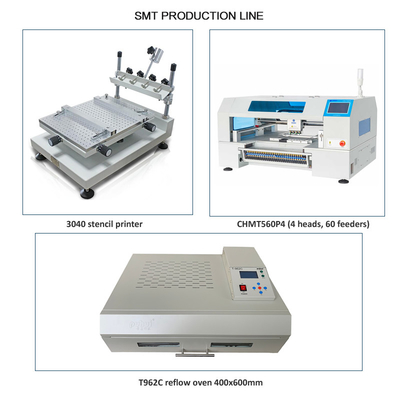 Erweiterte 4-Kopf-Pick-and-Place-Maschine SMT-Produktionslinie CHMT560P4, 3040 Drucker, T962C Rückflussofen